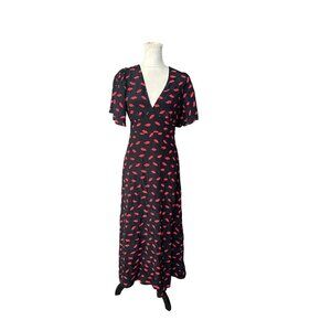 A New Day Womens V-Neck Dress Black With Red Lip Print Size 14